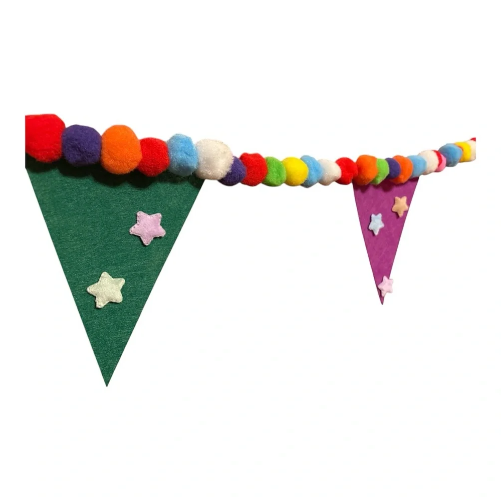 6 ft Birthday Flags Banners Stars Pom Pom Garland Handmade Clear Stretchy Line